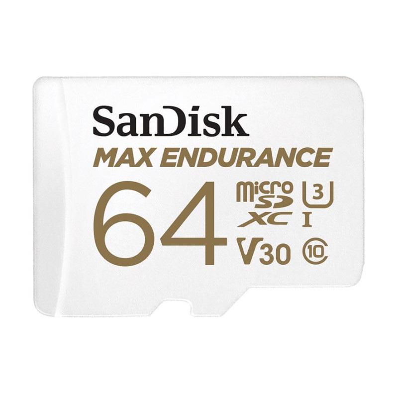 SanDisk Max Endurance 64GB microSD 100MB/s 40MB/s 20K hrs 4K UHD C10 U3 V30 -40Â°C to 85Â°C Heat Freeze Shock Temperature Water 