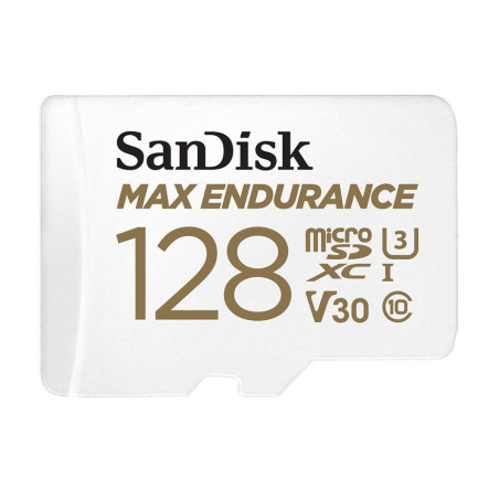 SanDisk Max Endurance 128GB microSD 100MB/s 40MB/s 20K hrs 4K UHD C10 U3 V30 -40Â°C to 85Â°C Heat Freeze Shock Temperature Water