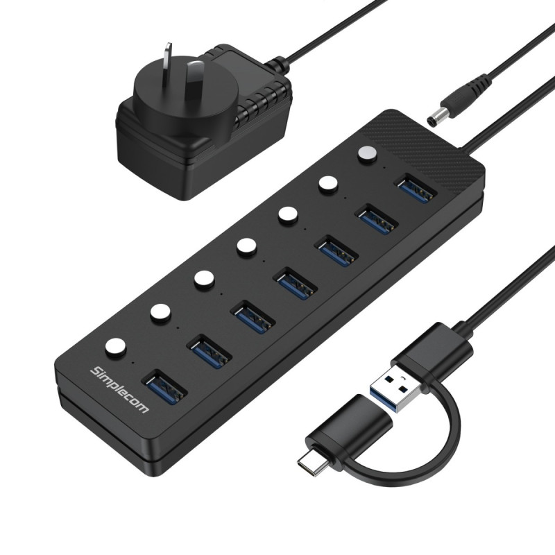 USB-A and USB Type-C to 7-Port USB 3.0 Hub 5Gbps Individual Switches and Power Adapter