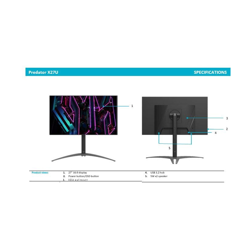 Acer X27U 27" WQHD OLED 0.03ms 240Hz FreeSync Height Adjustable Monitor