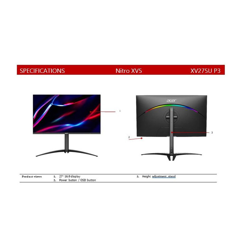 Acer XV275UP3 27" QHD 170Hz Height Adjustable Monitor