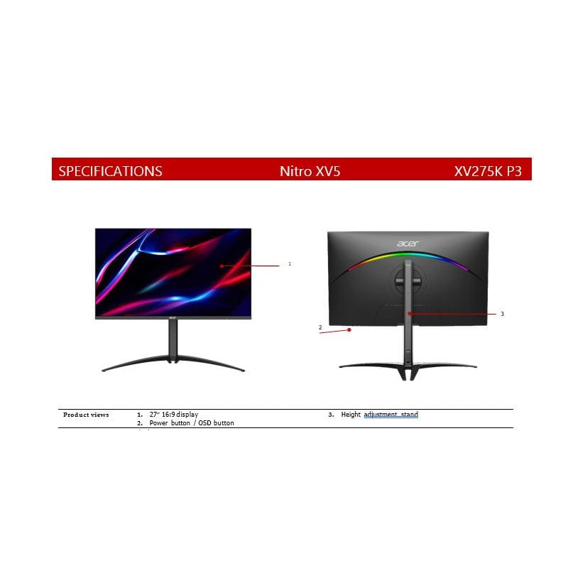 Acer XV275KP3 27" UHD 1ms 160Hz FreeSync Height Adjustable Monitor