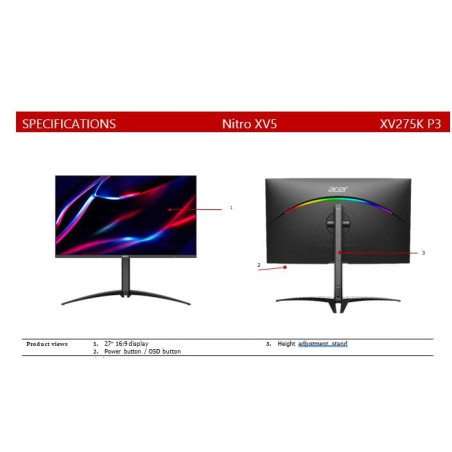 Acer XV275KP3 27" UHD 1ms 160Hz FreeSync Height Adjustable Monitor