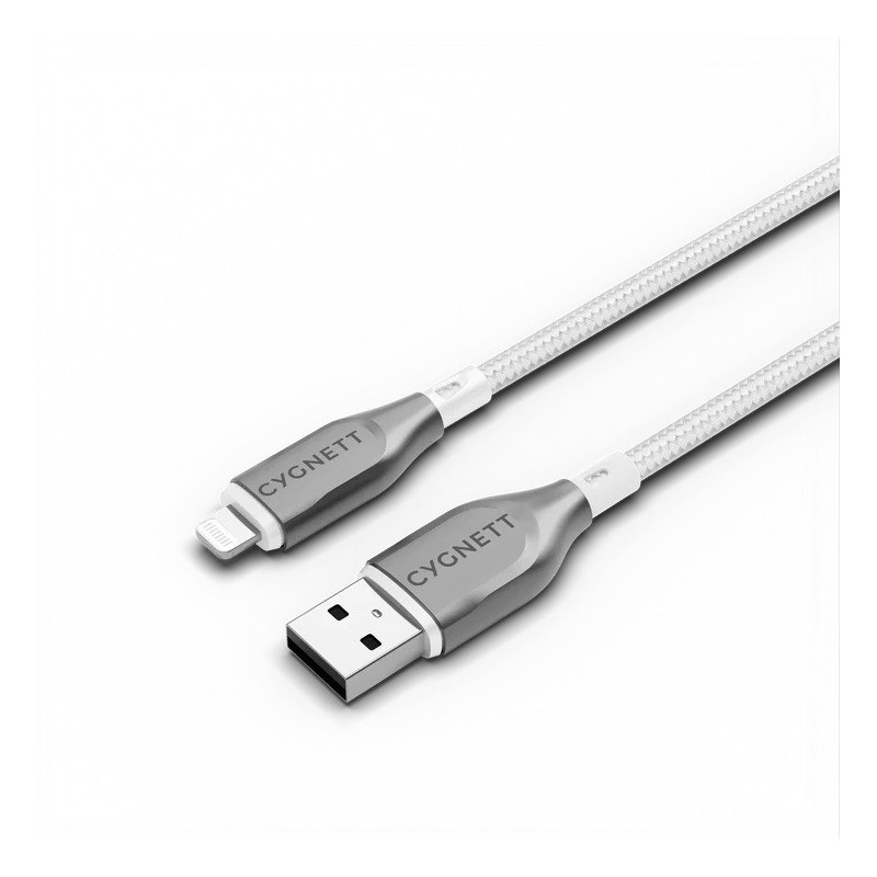Cygnett Armoured Braided Lightning to USB-A (2.0) (1M) Cable - White (CY4659PCCAL), 2.5A/12W, 480Mbps, Turbo Charge, Apple iPhon