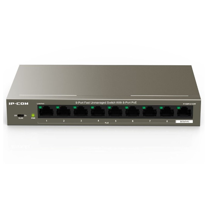 IP-COM (F1109P-8-102W) 9-Port 10/100Mbps Unmanaged PoE+ Switch with 8-Port PoE+, 6kv lightning protection