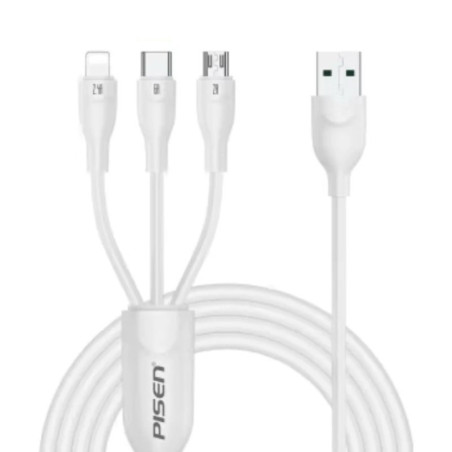 Pisen 3-in-1 USB-A to Lightning + USB-C + Micro-USB Cable (1.2M) White - 6A Superfast, Samsung Galaxy,Apple iPhone,iPad,MacBook,