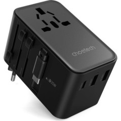 CHOETECH PD5020 35W EU/US/AUS/UK Travel Adapter with Built-in USB-C Cable - Black