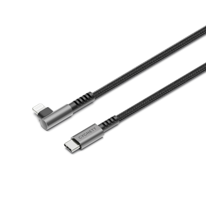 Cygnett Unite Right-Angle Lightning to USB C Cable (1M) - Black (CY5102PCCCL), 30W, Double Braided, 480Mbps Transfer, Fast Charg