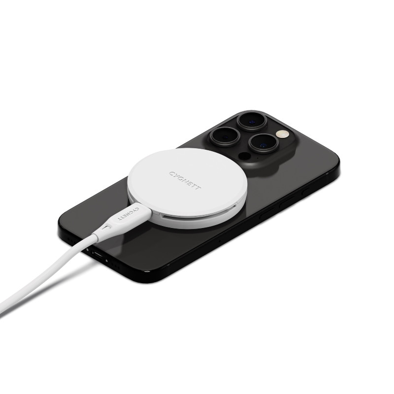 Cygnett ChargePuck Qi2 15W Fast Wireless Charger -White(CY5062CCRGP),Compact & Lightweight, 1.2M USB-C Cable,Perfect for Travel,