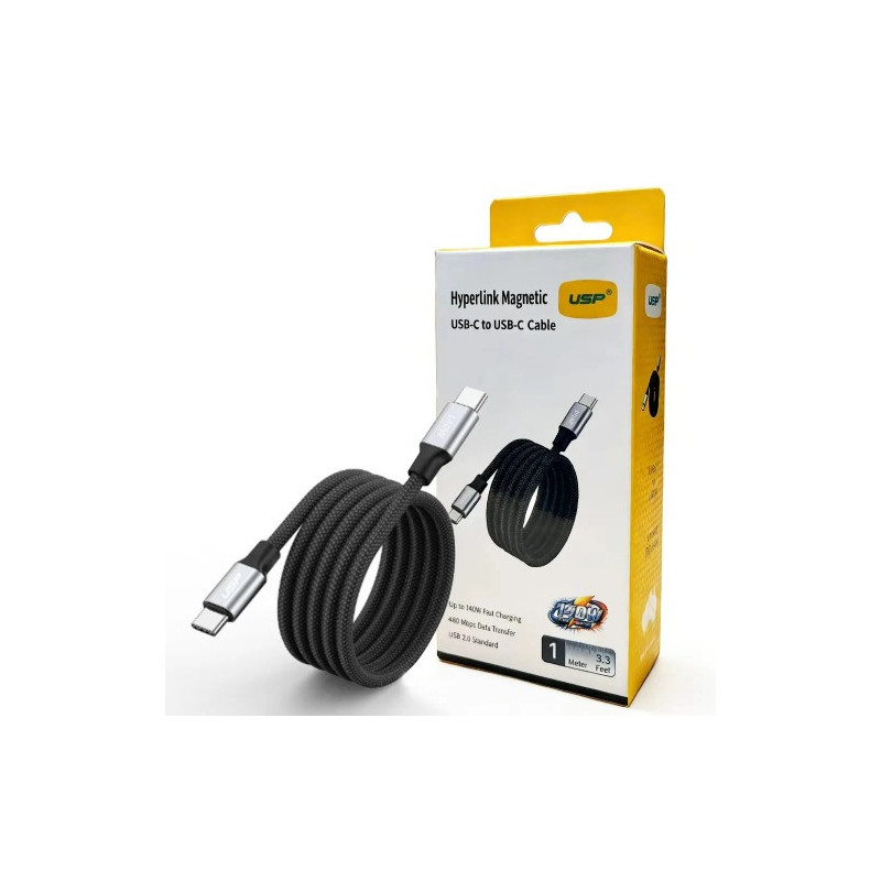 USP Braided HyperLink USB-C to USB-C (1M) Magnetic Cable - Black, Charge & Connect,Digital Display,140W PD, 2 Years Warranty