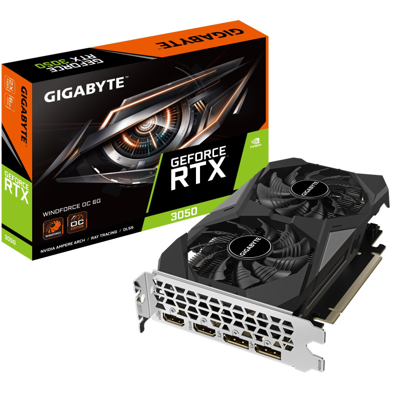 Gigabyte nVidia GeForce RTXâ¢ 3050 WINDFORCE OC V2 6G, 1477 MHz, CUDA 2304, 14000 MHz, GDDR6, 96 bit, PCI-E 4.0, PSU 300W, DP1.