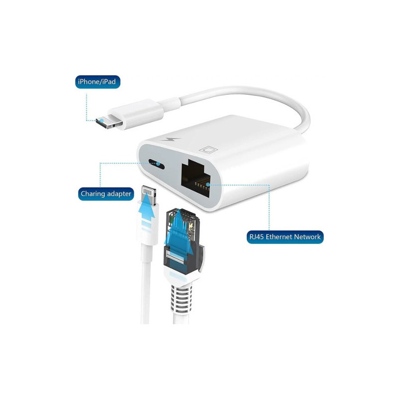 USP 2-in-1 Lightning to RJ45 Ethernet Adapter - White, Dual-Function Utility, Universal iOS Compatibility, 2 Years Warranty