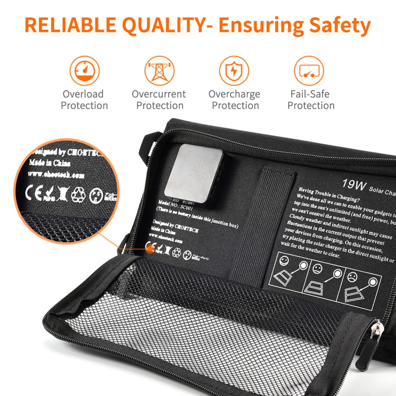 Choetech SC001 19W Portable Solar Panel Charger SunPower Panels Dual USB Charger for Camping/RV/Outdoors
