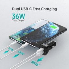 Choetech TC0008-BK Dual USB-C 36W Car Charger Adapter Black