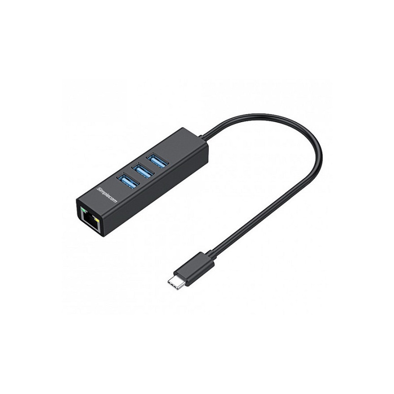 Simplecom CHN421 Black Aluminium USB-C to 3 Port USB HUB with Gigabit Ethernet Adapter