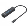 Simplecom CHN421 Black Aluminium USB-C to 3 Port USB HUB with Gigabit Ethernet Adapter