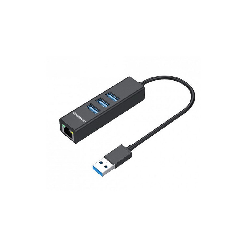 Simplecom CHN420 Black Aluminium 3 Port SuperSpeed USB HUB with Gigabit Ethernet Adapter