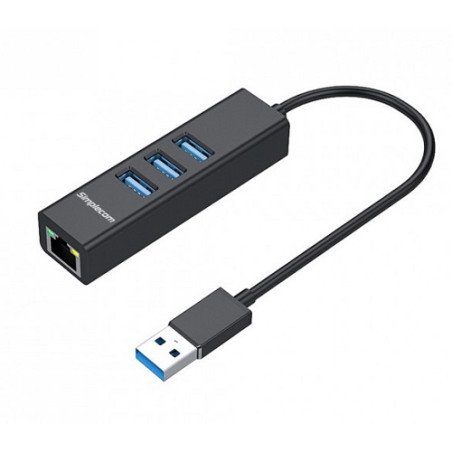 Simplecom CHN420 Black Aluminium 3 Port SuperSpeed USB HUB with Gigabit Ethernet Adapter