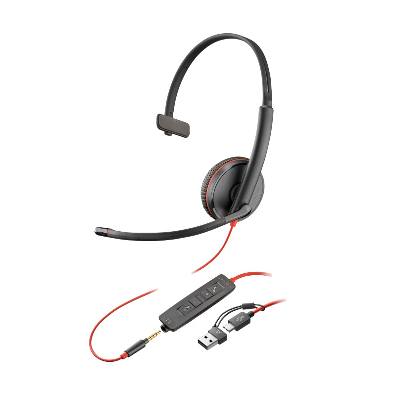 HP POLY BLACKWIRE C3215 UC MONO USB-C CORDED HEADSET, 3.5MM INCL USB-A ADAPTOR