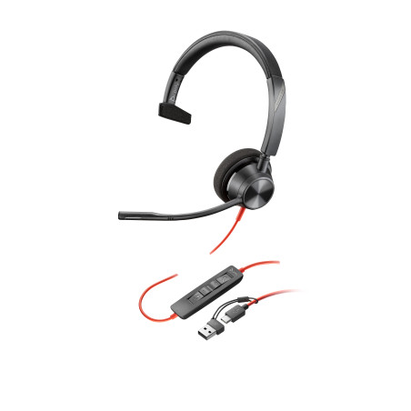 HP POLY BLACKWIRE 3310, UC, MONO USB-C CORDED HEADSET, INCLUDING USB-A ADAPTOR