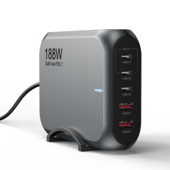 USP 188W GaN 5 Ports USB-C PD Laptop Wall Charger Black - 3x USB-C, 2x USB-A, Efficiently, High Quality, Tablet, Laptop, iPhone,