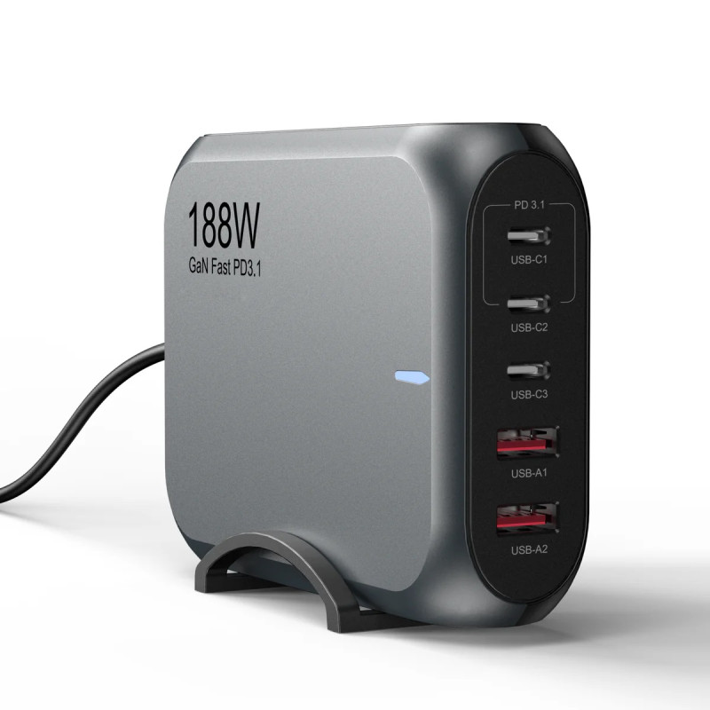 USP 188W GaN 5 Ports USB-C PD Laptop Wall Charger Black - 3x USB-C, 2x USB-A, Efficiently, High Quality, Tablet, Laptop, iPhone,