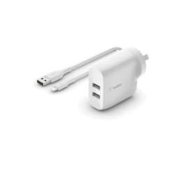 Belkin BoostCharge Dual USB-A Wall Charger 24W + Lightning to USB-A Cable - For Apple Devices - White