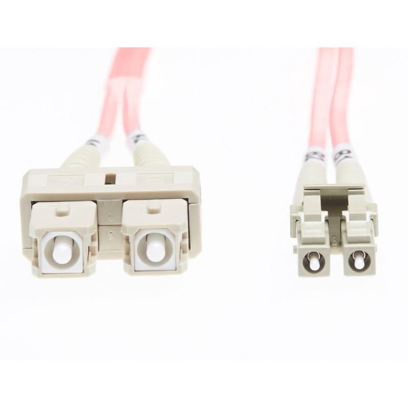 2m LC-SC OM4 Multimode Fibre Optic Cable: 2mm Oversleeving - Salmon Pink