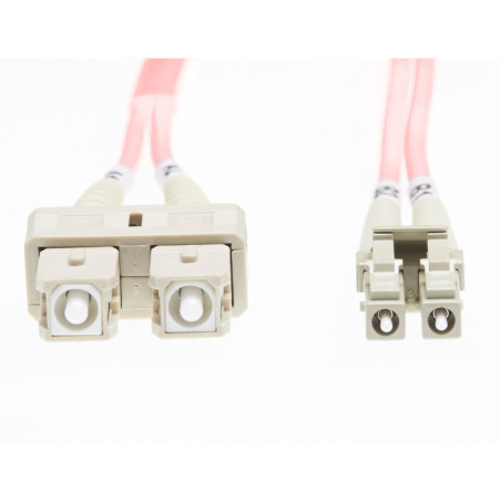 2m LC-SC OM4 Multimode Fibre Optic Cable: 2mm Oversleeving - Salmon Pink