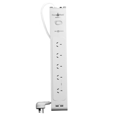 PowerShield PSZ5U2 ZapGuard 5 Way Power Surge Filter Board - 2 x USB Connectors - Wide Spaced Sockets - Wall Mountable - White -