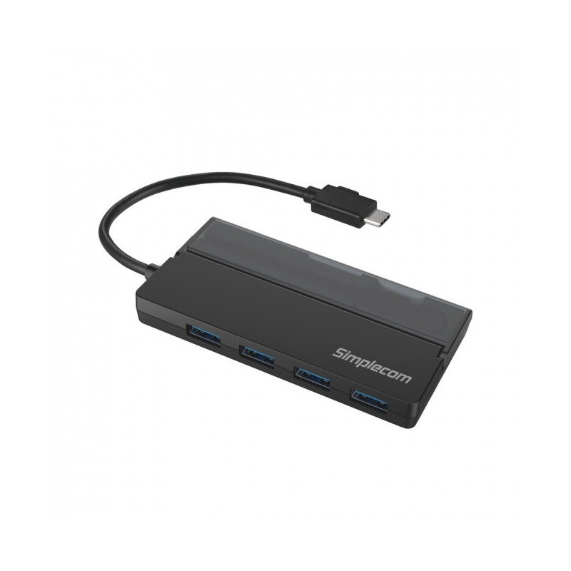 Simplecom CH330 Portable USB-C to 4 Port USB-A Hub USB 3.2 Gen1 with Cable Storage - Black