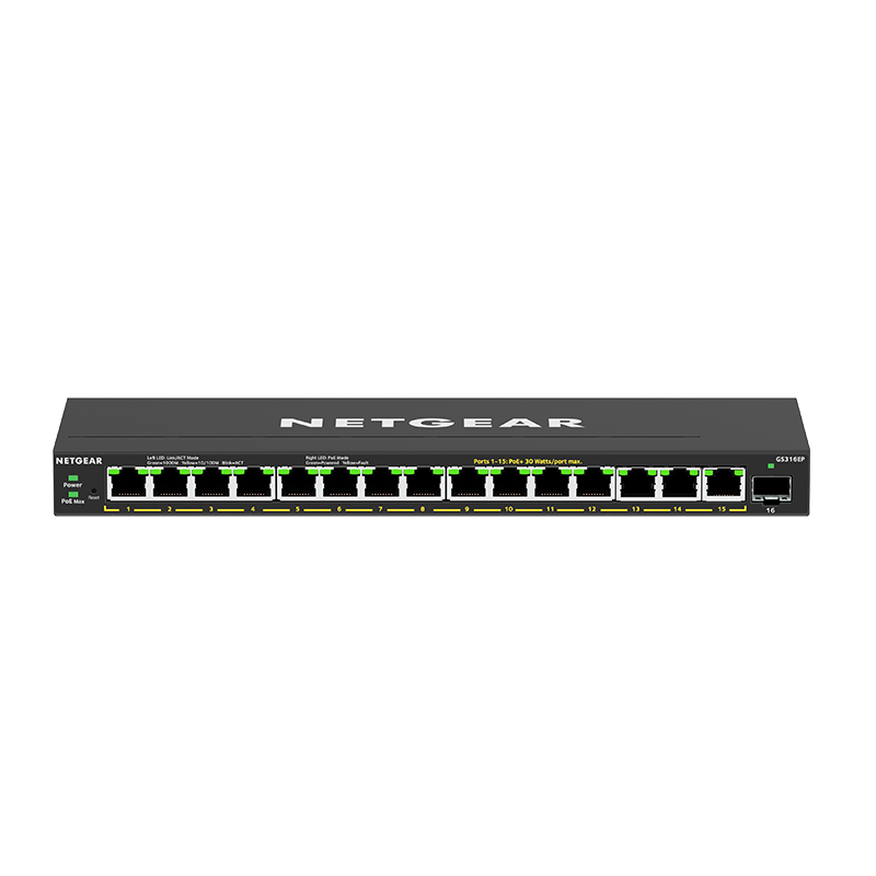 Netgear 16 Port Poe Gigabit Ethernet Plus Switch (Gs316Ep) - With 16 X Poe+ @ 180W - Desktop/Wall Mount