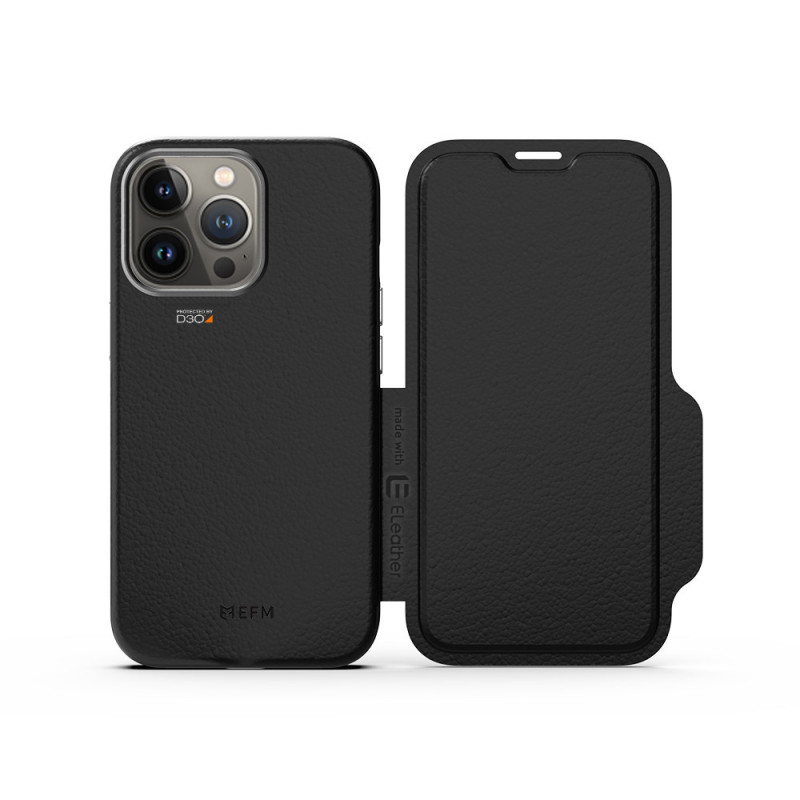 EFM Monaco Leather Wallet Case Armour with D3O 5G Signal Plus - For iPhone 13 Pro (6.1in Pro) - Black/Space Grey