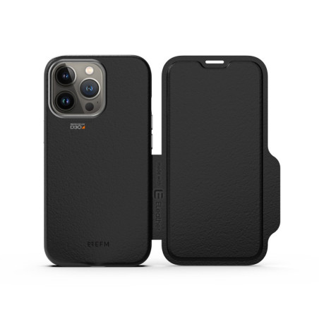 EFM Monaco Leather Wallet Case Armour with D3O 5G Signal Plus - For iPhone 13 Pro (6.1in Pro) - Black/Space Grey